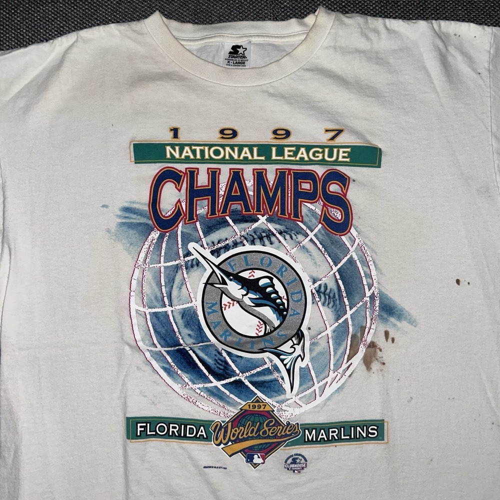 Vintage 1997 Florida Marlins World Series Champions Starter White T-shirt Men XL
